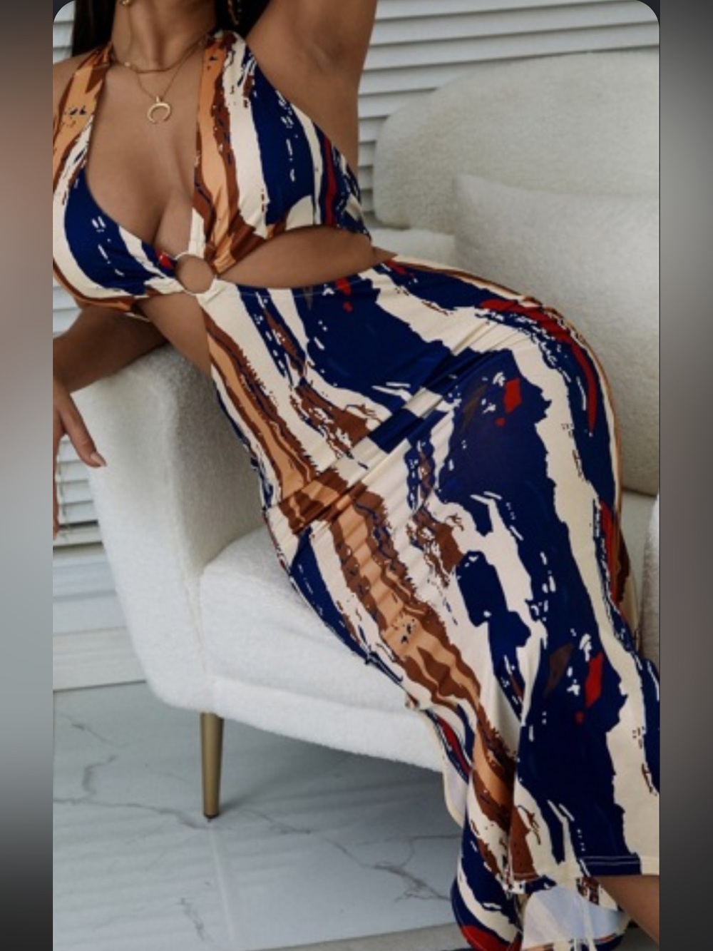 SHEIN Blue Cream Brown Abstract Print Cutout Midi Dress